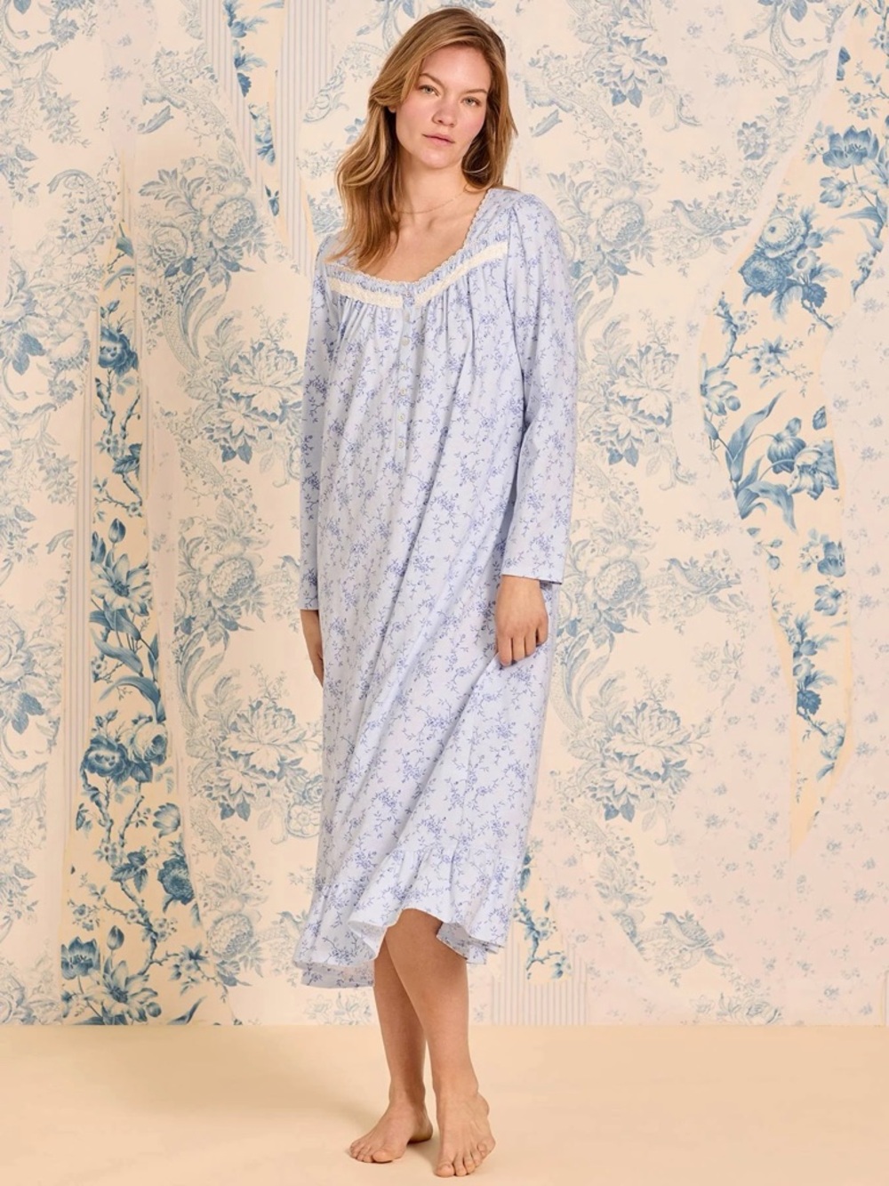 Eileen West Bluebell Scroll Cotton Knit Long Sleeve Ballet Nightgown
